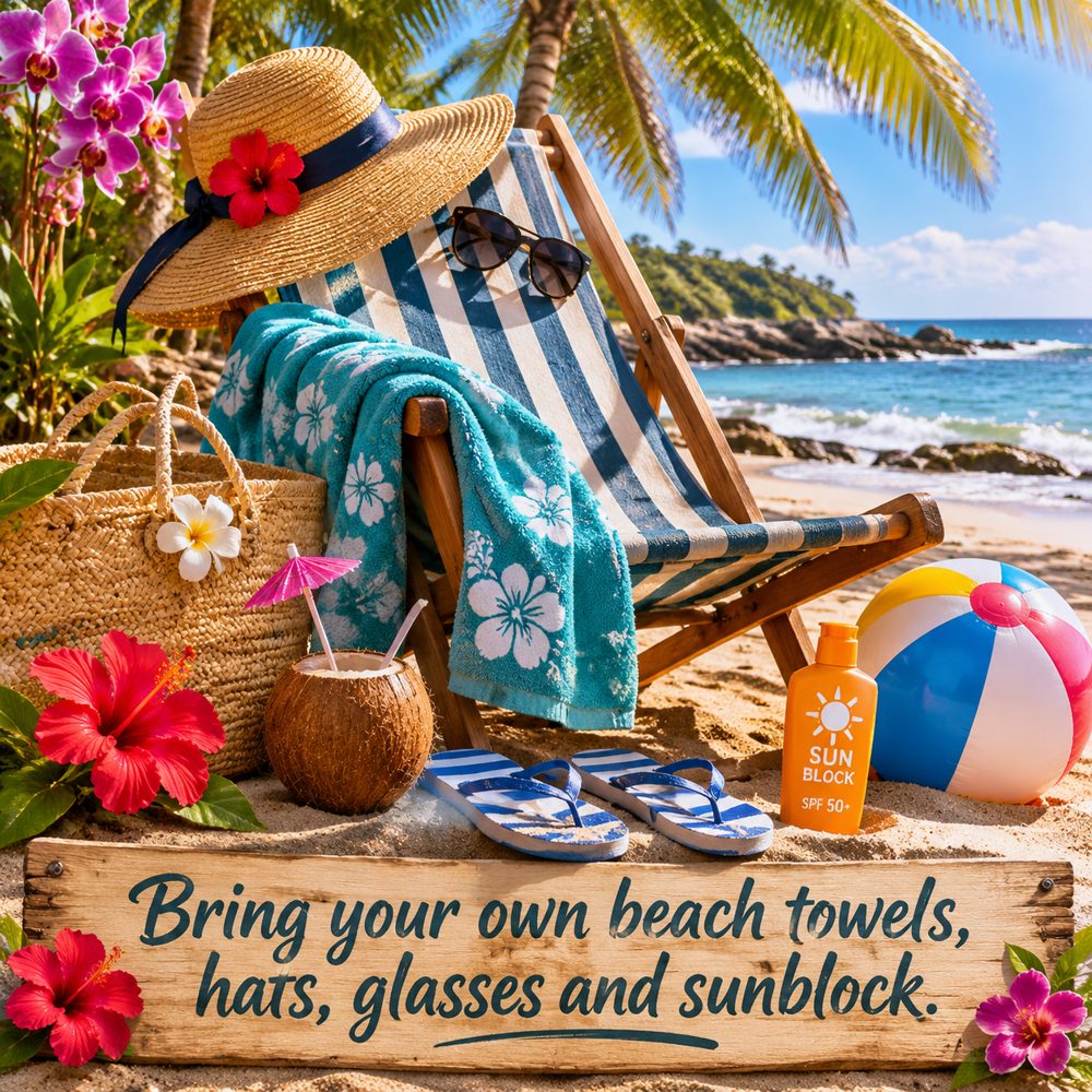 Beach chair with hat, sunglasses, towel, flip-flops and sunblock. Sign reads: Bring your own beach towels, hats, glasses and sunblock.